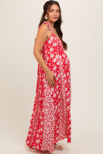 Red Floral Ruffle Shoulder Cut-Out Back Maternity Maxi Dress
