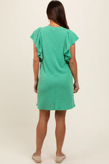 Green Ribbed Ruffle Sleeve Maternity Dress