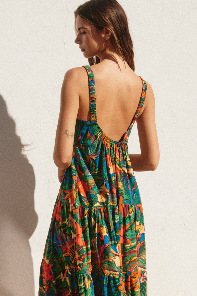 Forest Green Tropical Print Tiered Maxi Dress