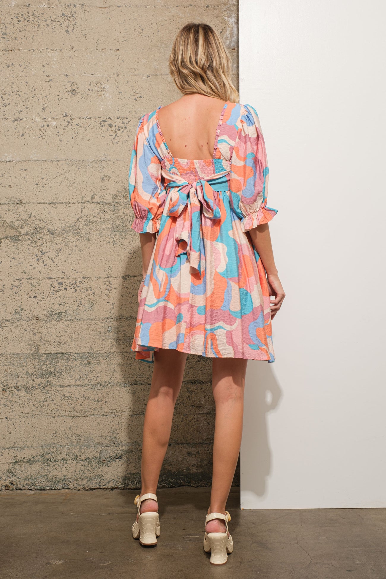 Blue Square Neck Swirl Multi Print Babydoll Mini Dress Blue Square Neck Swirl Multi Print Babydoll Mini Dress