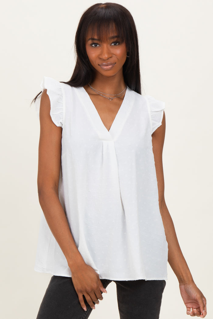White Swiss Dot Flutter Sleeve V-Neck Maternity Top