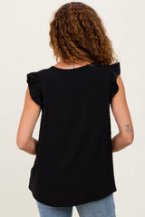 Black Swiss Dot Flutter Sleeve V-Neck Top