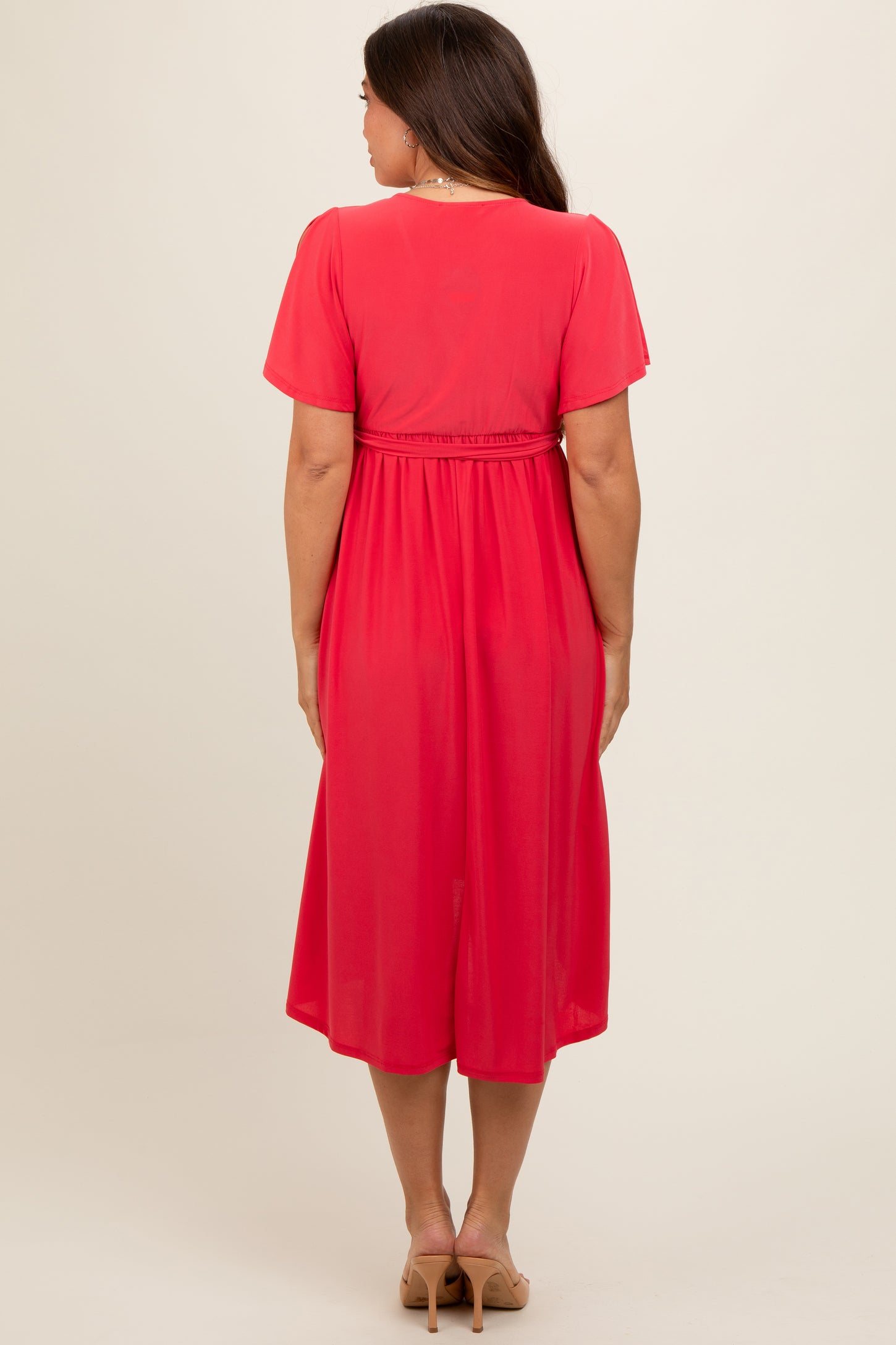 Coral Flutter Sleeve Waist Tie Maternity Nursing Dress PinkBlush Coral Flutter Sleeve Waist Tie Maternity Nursing Dress PinkBlush