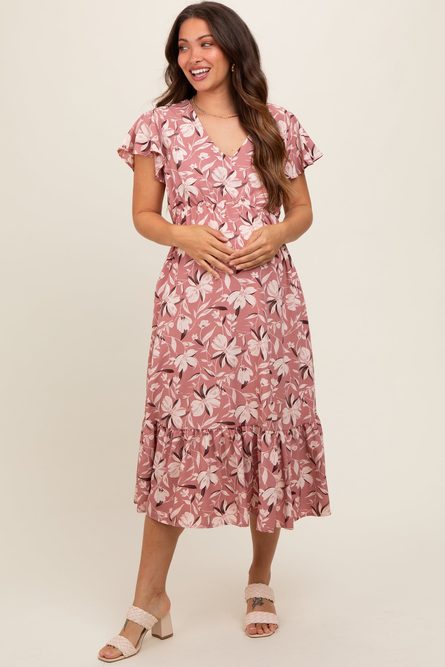 Mauve Floral Flutter Sleeve Maternity Midi Dress PinkBlush Mauve Floral Flutter Sleeve Maternity Midi Dress PinkBlush
