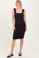 Black Ribbed Ruffle Strap Maternity Midi Dress