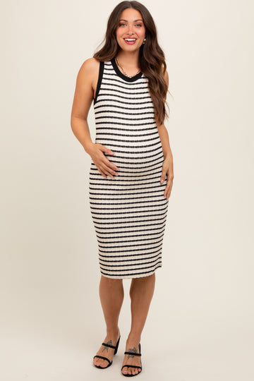 Cream Black Striped Sleeveless Fitted Knit Maternity Dress