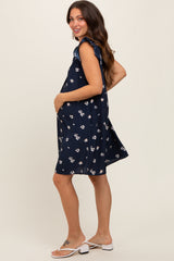 Navy Blue Floral Ruffle Cap Sleeve Maternity Dress