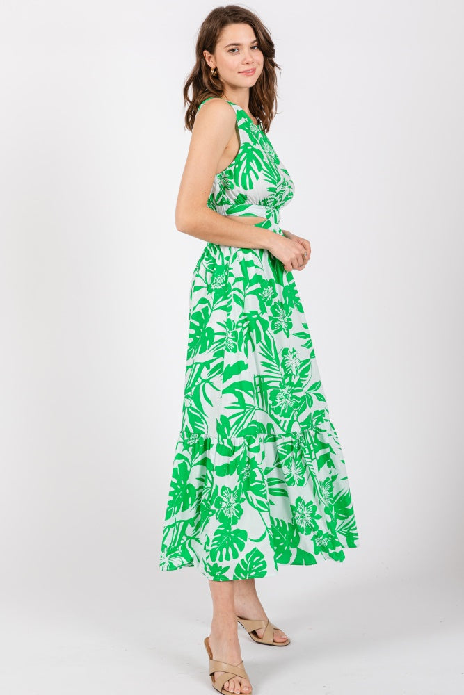 Green Floral Side Cutout Ruffle Midi Dress PinkBlush Green Floral Side Cutout Ruffle Midi Dress PinkBlush