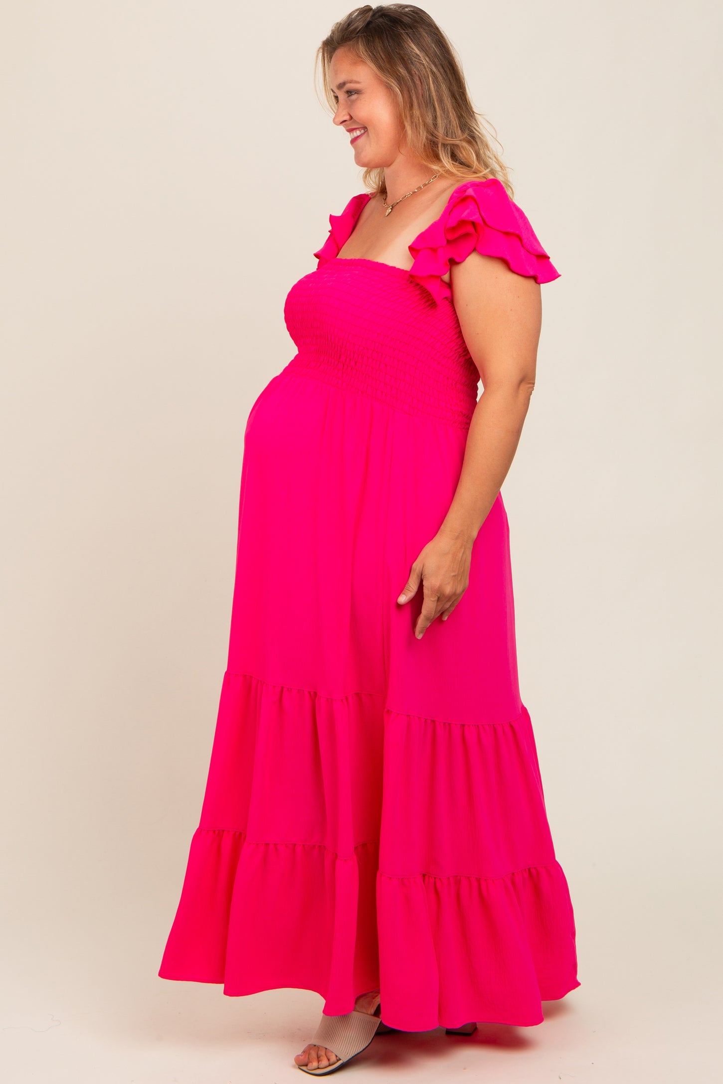 Fuchsia Smocked Ruffle Layered Short Sleeve Tiered Maternity Maxi Dress