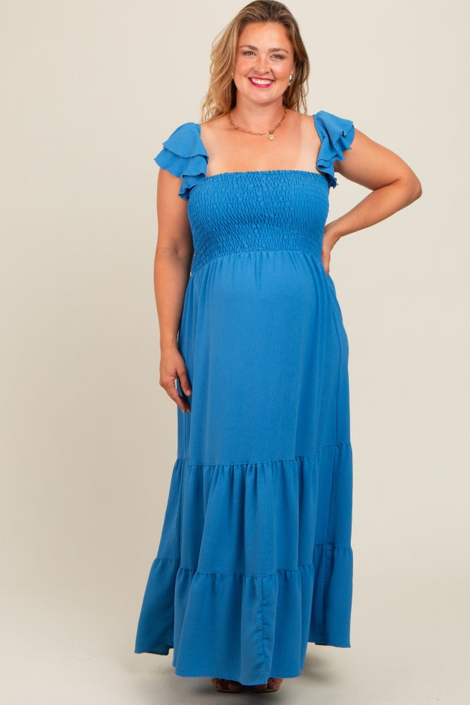 Blue Smocked Ruffle Layered Short Sleeve Tiered Maternity Maxi Dress –  PinkBlush