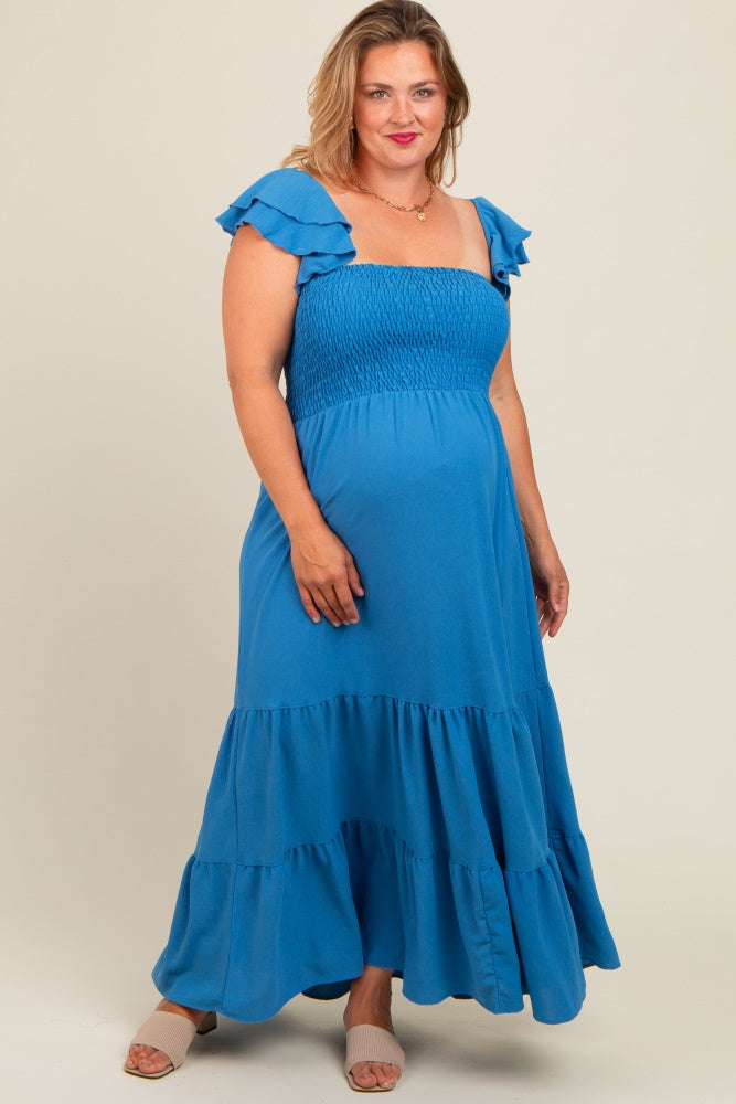 Blue Smocked Ruffle Layered Short Sleeve Tiered Maternity Maxi Dress PinkBlush Blue Smocked Ruffle Layered Short Sleeve Tiered Maternity Maxi Dress PinkBlush