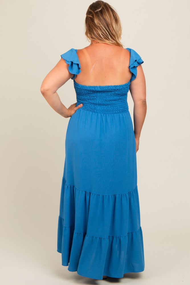 Blue Smocked Ruffle Layered Short Sleeve Tiered Maternity Maxi Dress PinkBlush Blue Smocked Ruffle Layered Short Sleeve Tiered Maternity Maxi Dress PinkBlush