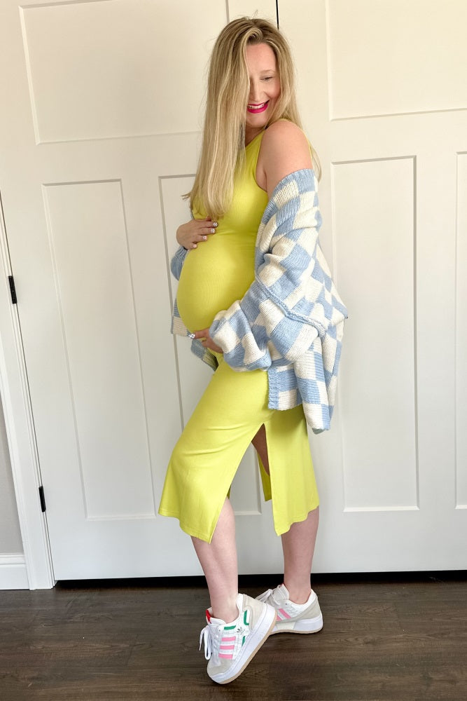 Yellow Ribbed Maternity Side Slit Tank Dress
