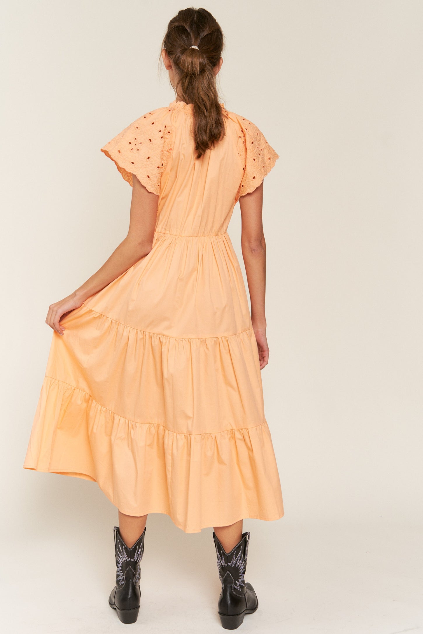 Peach Cotton Embroidered Midi Dress