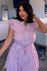 Berry Button-Down Stripe Flare Dress With Lining