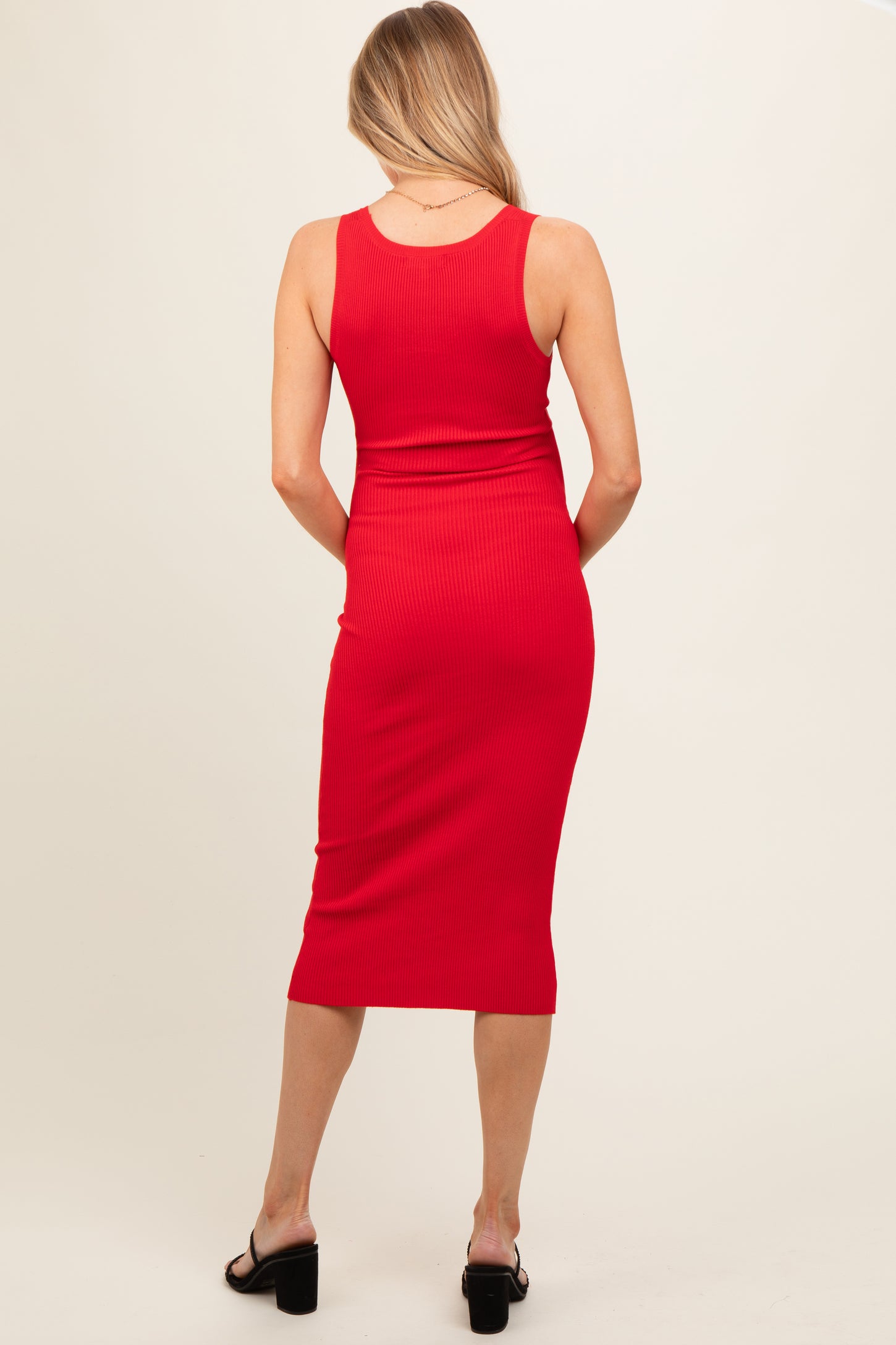 Red Fitted Knit Maternity Midi Dress Red Fitted Knit Maternity Midi Dress