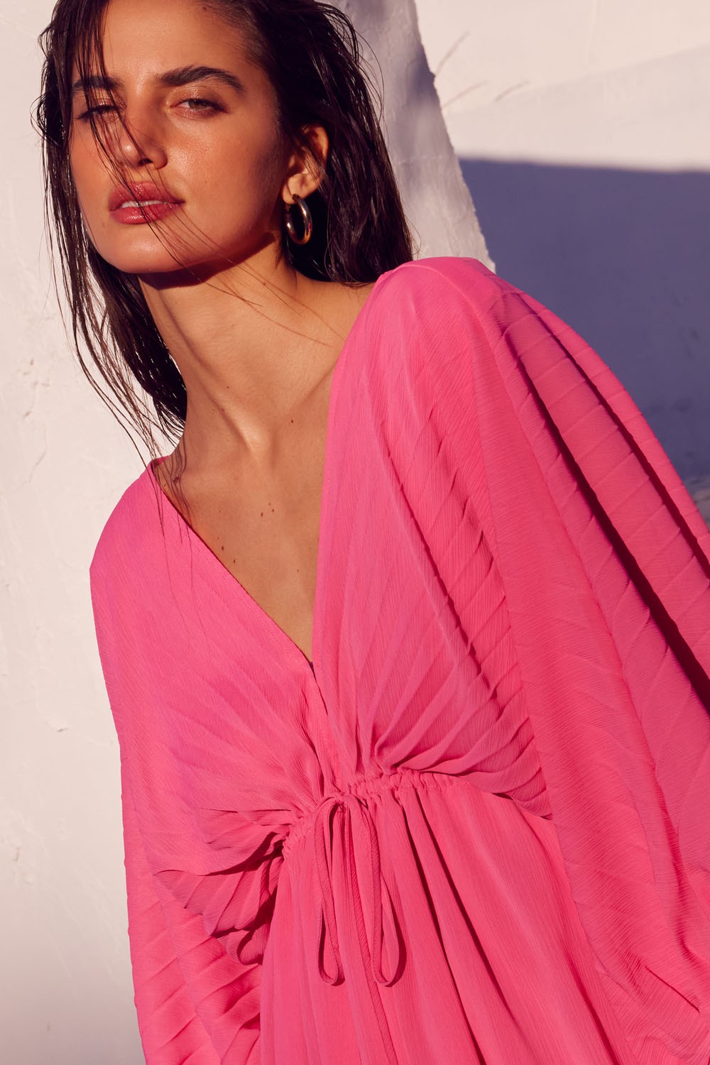 Bubble Gum Solid Deep V Neck Chiffon Bishop Sleeve Mini Dress – PinkBlush