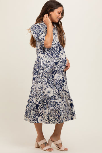 Navy Blue Floral Collared Tiered Maternity Midi Dress