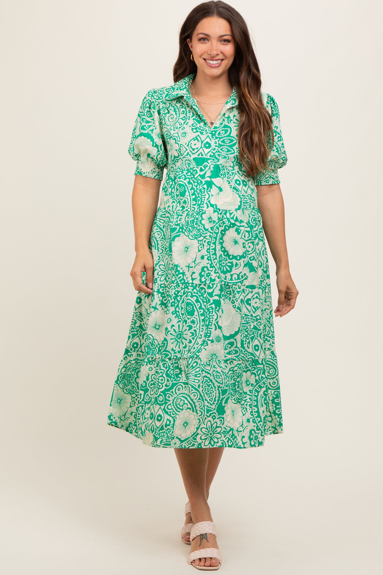 Emerald Green Floral Collared Tiered Maternity Midi Dress PinkBlush Emerald Green Floral Collared Tiered Maternity Midi Dress PinkBlush