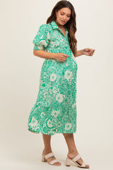 Emerald Green Floral Collared Tiered Maternity Midi Dress