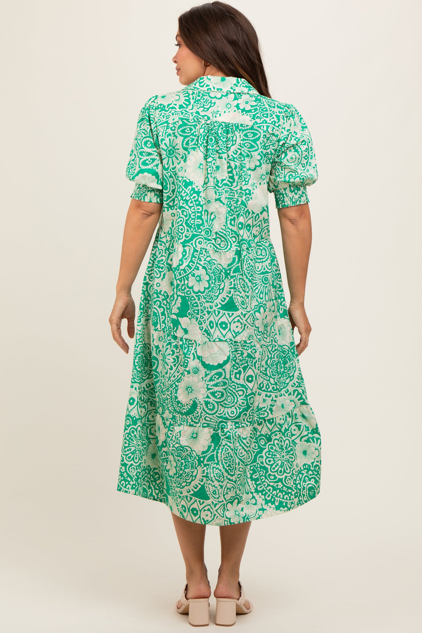 Emerald Green Floral Collared Tiered Maternity Midi Dress PinkBlush Emerald Green Floral Collared Tiered Maternity Midi Dress PinkBlush