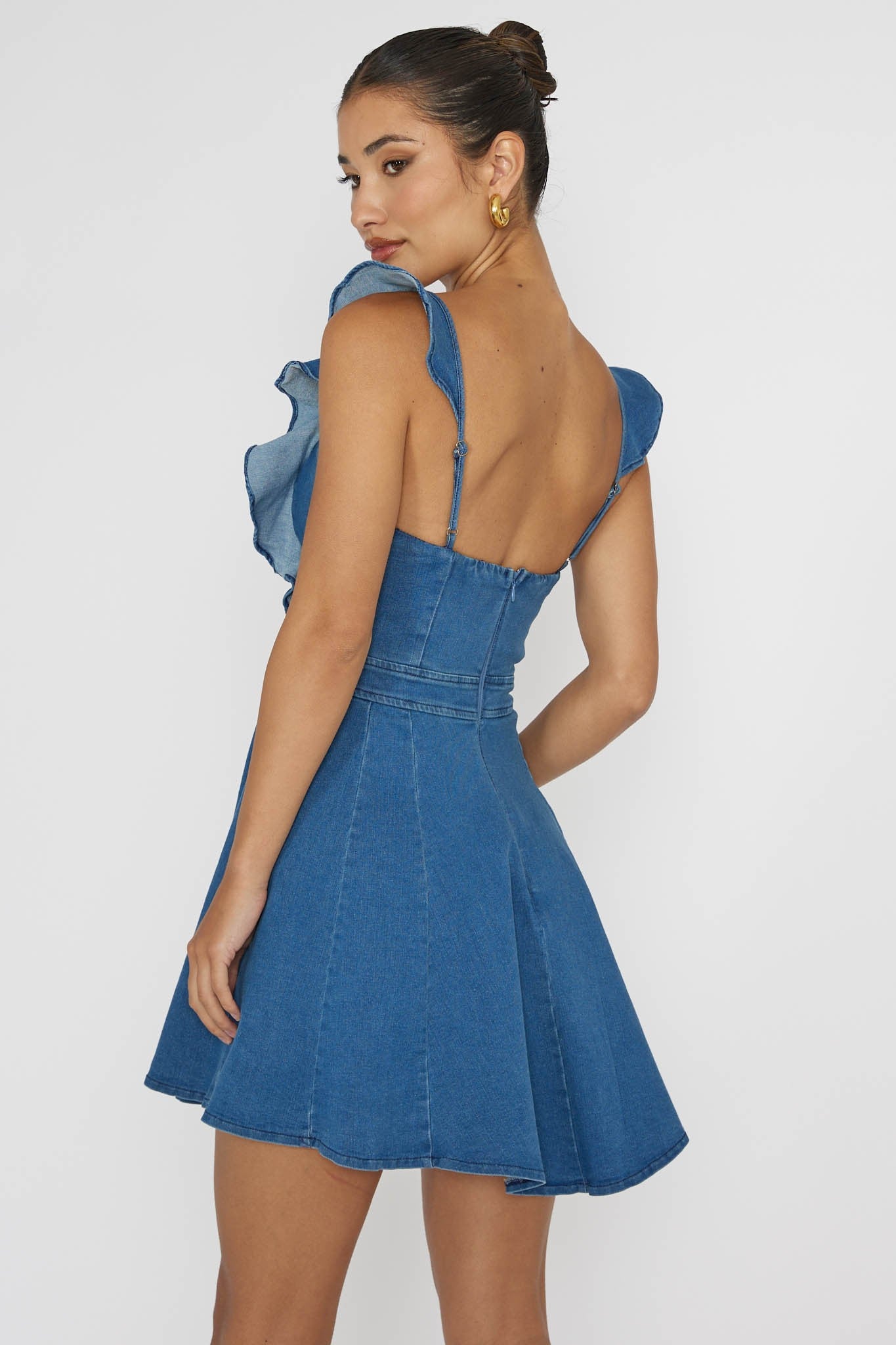 Indigo Square Neck Ruffle Sleeved Denim Mini Dress PinkBlush Indigo Square Neck Ruffle Sleeved Denim Mini Dress PinkBlush