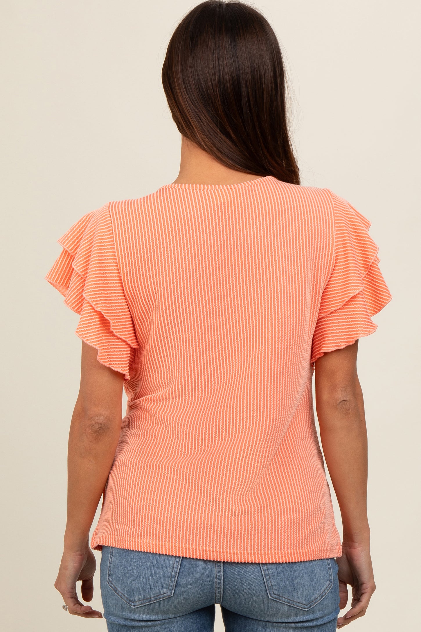 Orange Ruffle Sleeve Ribbed Maternity Top