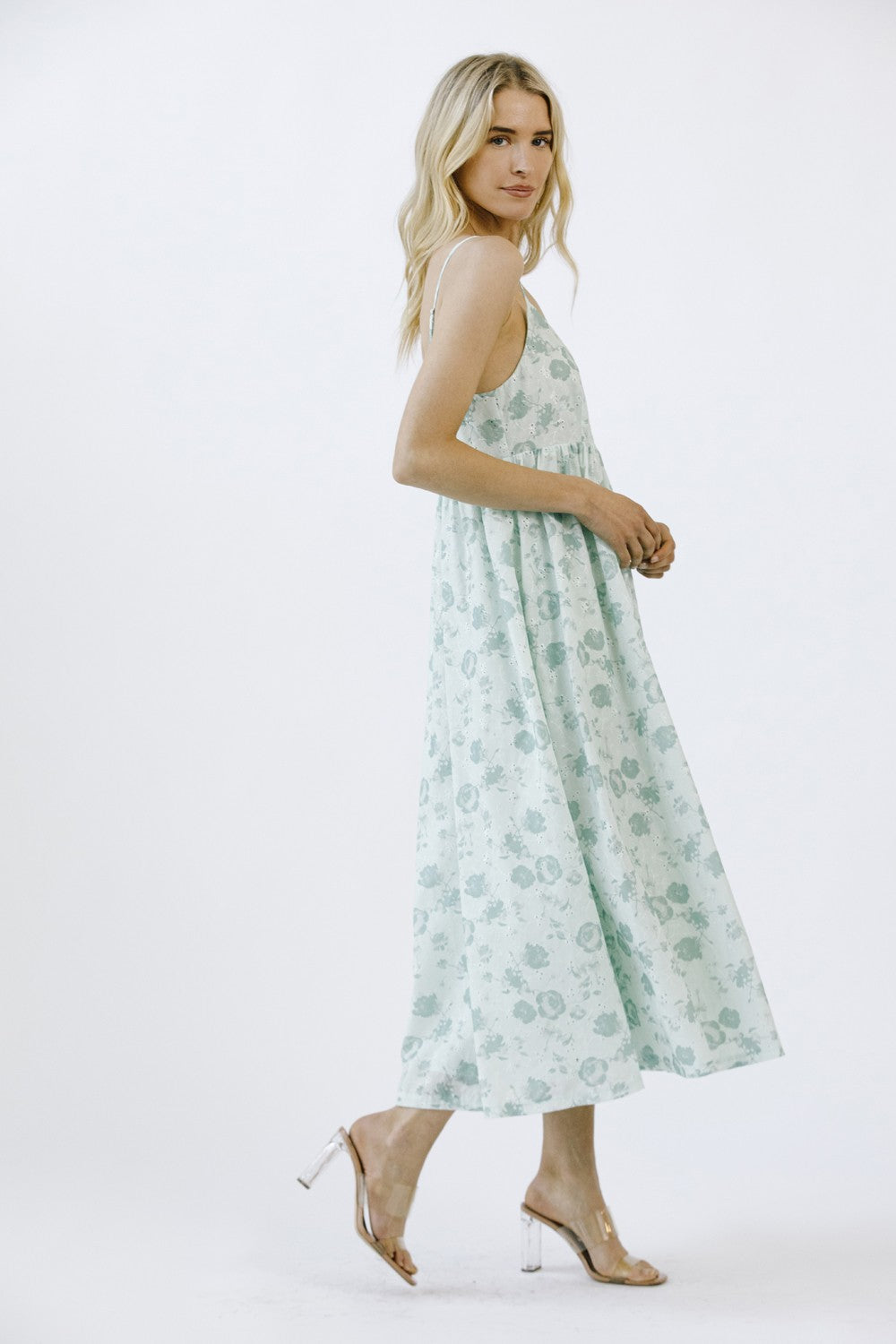 mint green eyelet dress Sage Floral Eyelet Lace V Neck Sleeveless Mini Dress