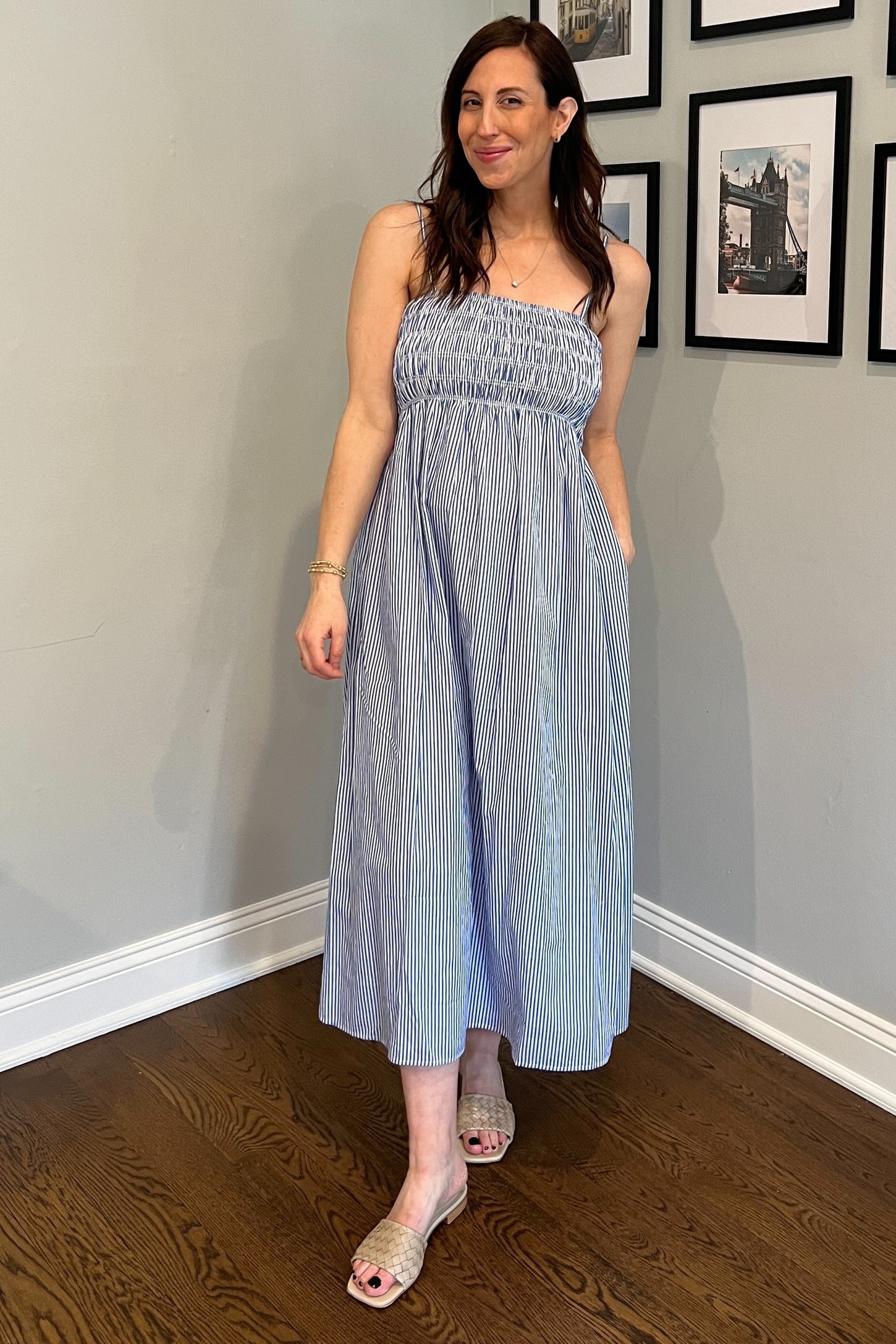 Blue Bartlett Striped Smocked Midi Dress