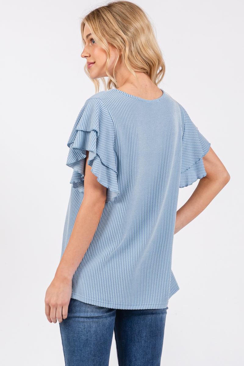 Blue Ruffle Sleeve Ribbed Top – PinkBlush