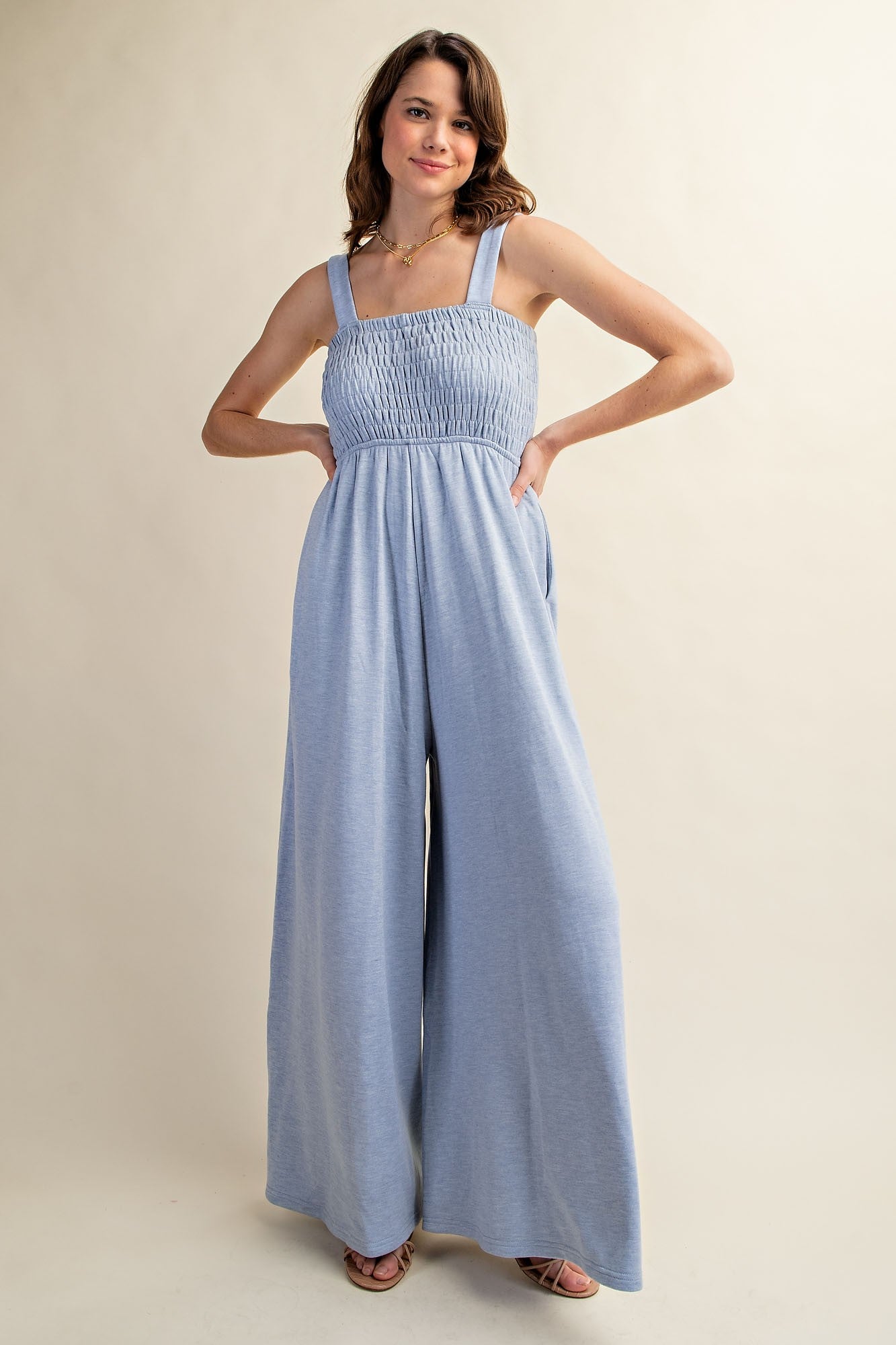 Blue Smocked Wide Leg Jumpsuit
