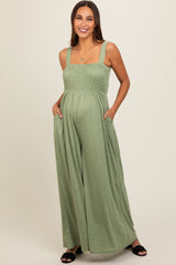 Green Smocked Wide Leg Maternity Jumpsuit