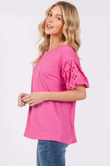Pink Short Puff Eyelet Lace Floral Sleeve Top