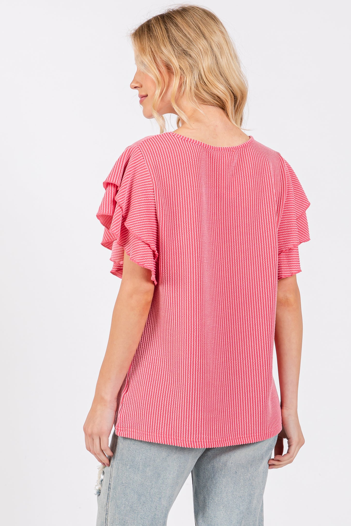 Fuchsia Ruffle Sleeve Ribbed Top