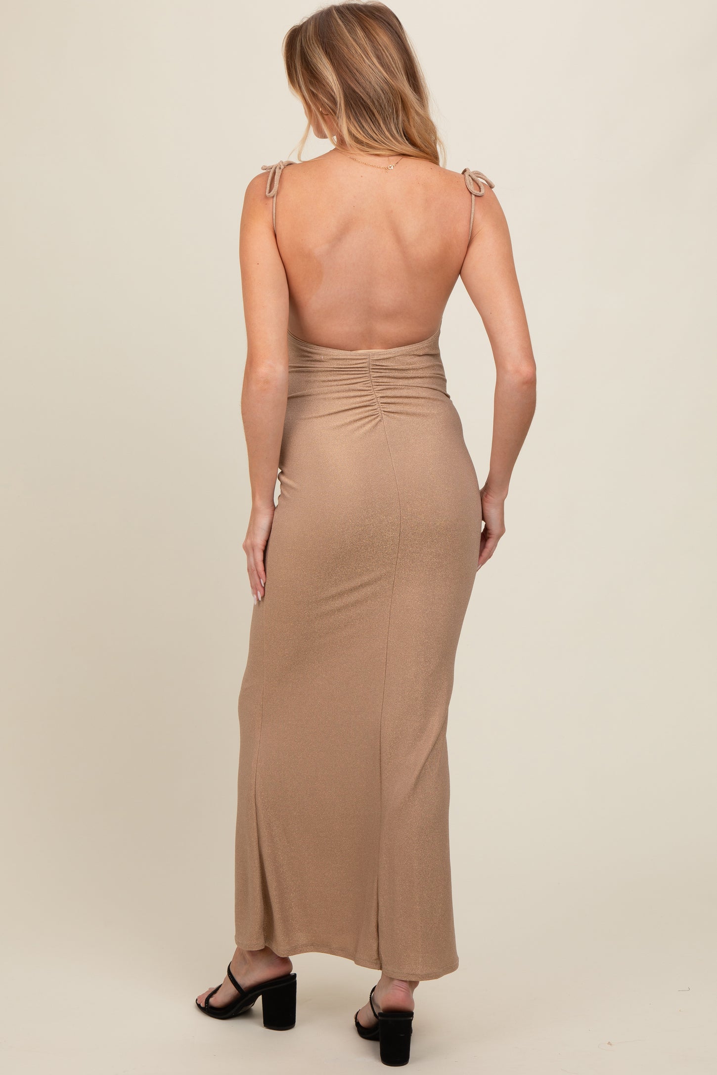 Gold Glitter Shoulder Tie Open Back Maternity Maxi Dress PinkBlush Gold Glitter Shoulder Tie Open Back Maternity Maxi Dress PinkBlush