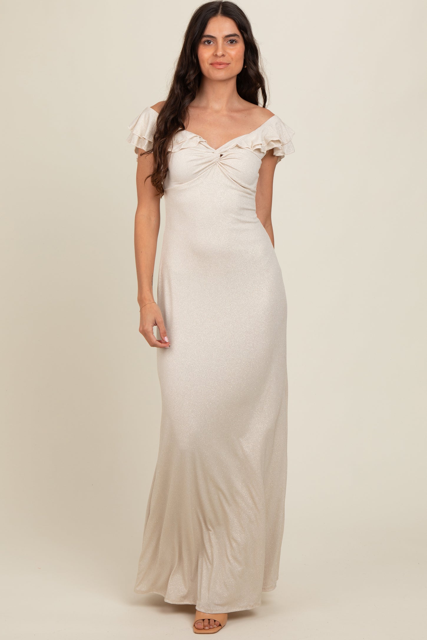 Beige Glitter Sweetheart Neck Ruffle Off Shoulder Maxi Dress PinkBlush Beige Glitter Sweetheart Neck Ruffle Off Shoulder Maxi Dress PinkBlush