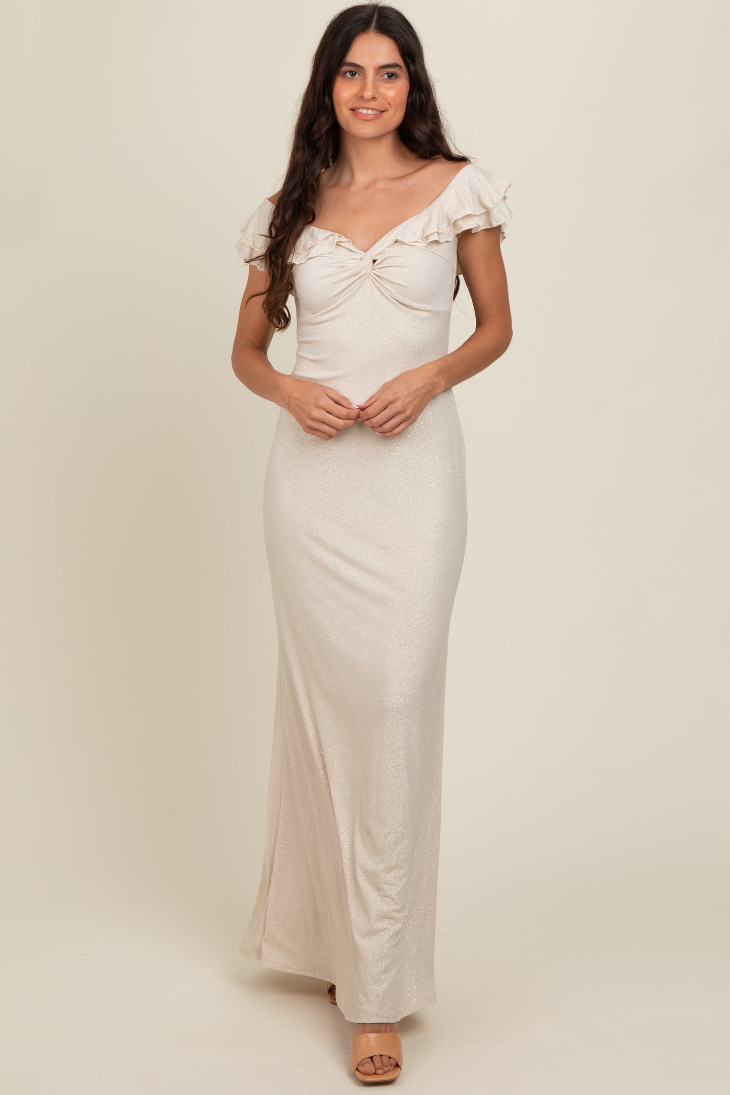 Beige Glitter Sweetheart Neck Ruffle Off Shoulder Maxi Dress PinkBlush Beige Glitter Sweetheart Neck Ruffle Off Shoulder Maxi Dress PinkBlush