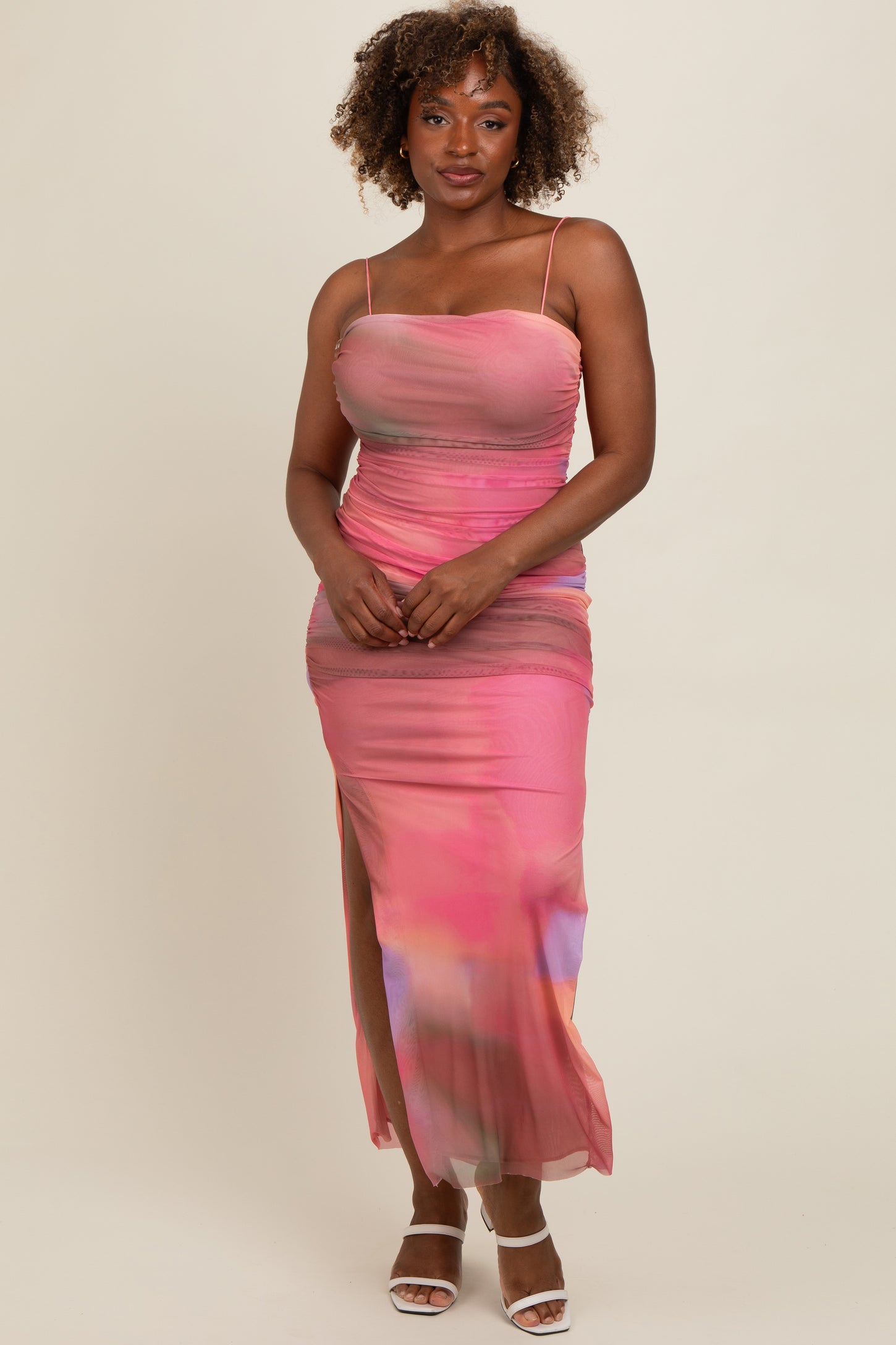 Pink Abstract Print Ruched Side Slit Maxi Dress PinkBlush Pink Abstract Print Ruched Side Slit Maxi Dress PinkBlush