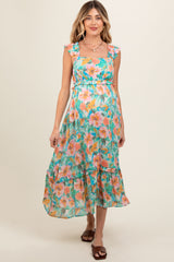 Aqua Watercolor Floral Ruffle Accent Maternity Midi Dress