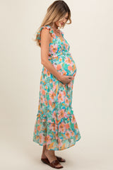 Aqua Watercolor Floral Ruffle Accent Maternity Midi Dress