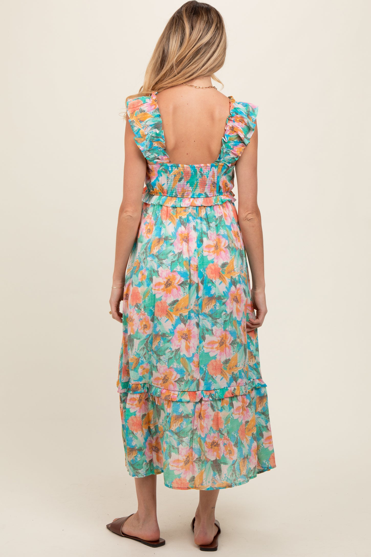 aqua floral ruffle maxi dress Sleeveless Ruffled Maxi Dress