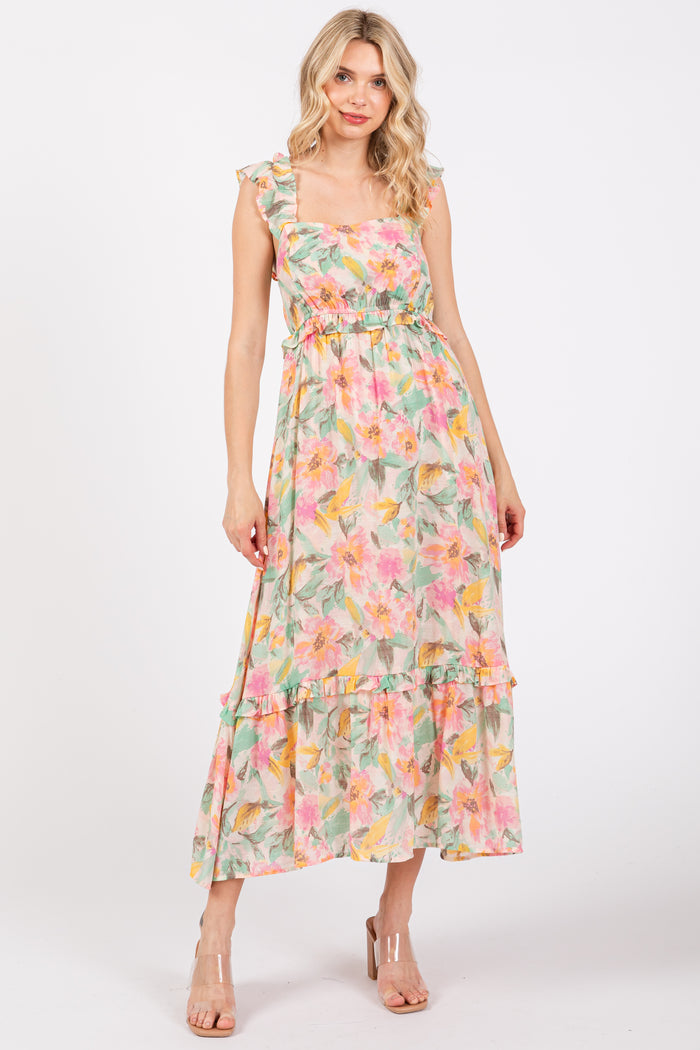 Ivory Watercolor Floral Ruffle Accent Midi Dress