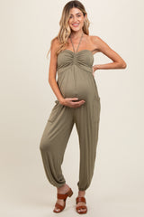 Light Olive Halter Cinched Maternity Jumpsuit