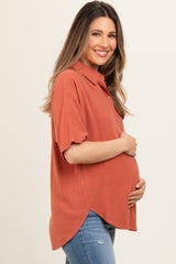 Rust Linen Dolman Half Sleeve Button Down Maternity Top