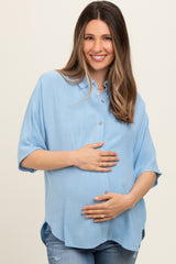 Light Blue Linen Dolman Half Sleeve Button Down Maternity Top