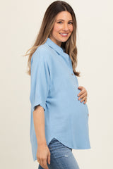 Light Blue Linen Dolman Half Sleeve Button Down Maternity Top