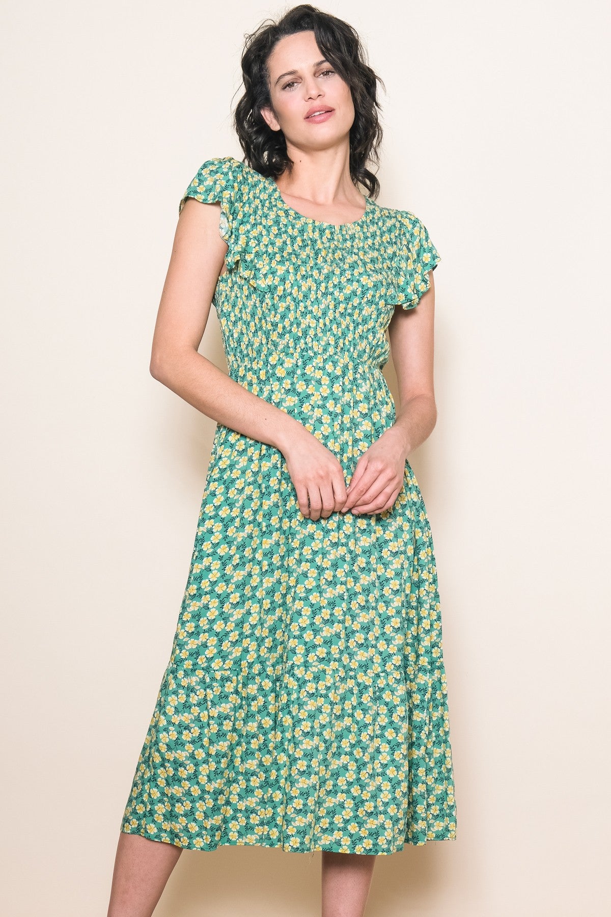 slim fit dress slacks Rain Smocked Midi Dress in Green main image 0