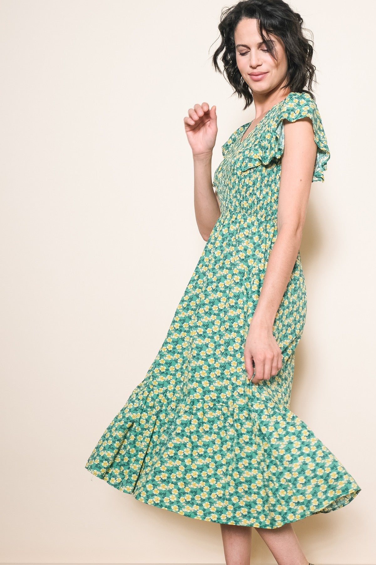 Green Floral Smocked Midi Dress PinkBlush Green Floral Smocked Midi Dress PinkBlush