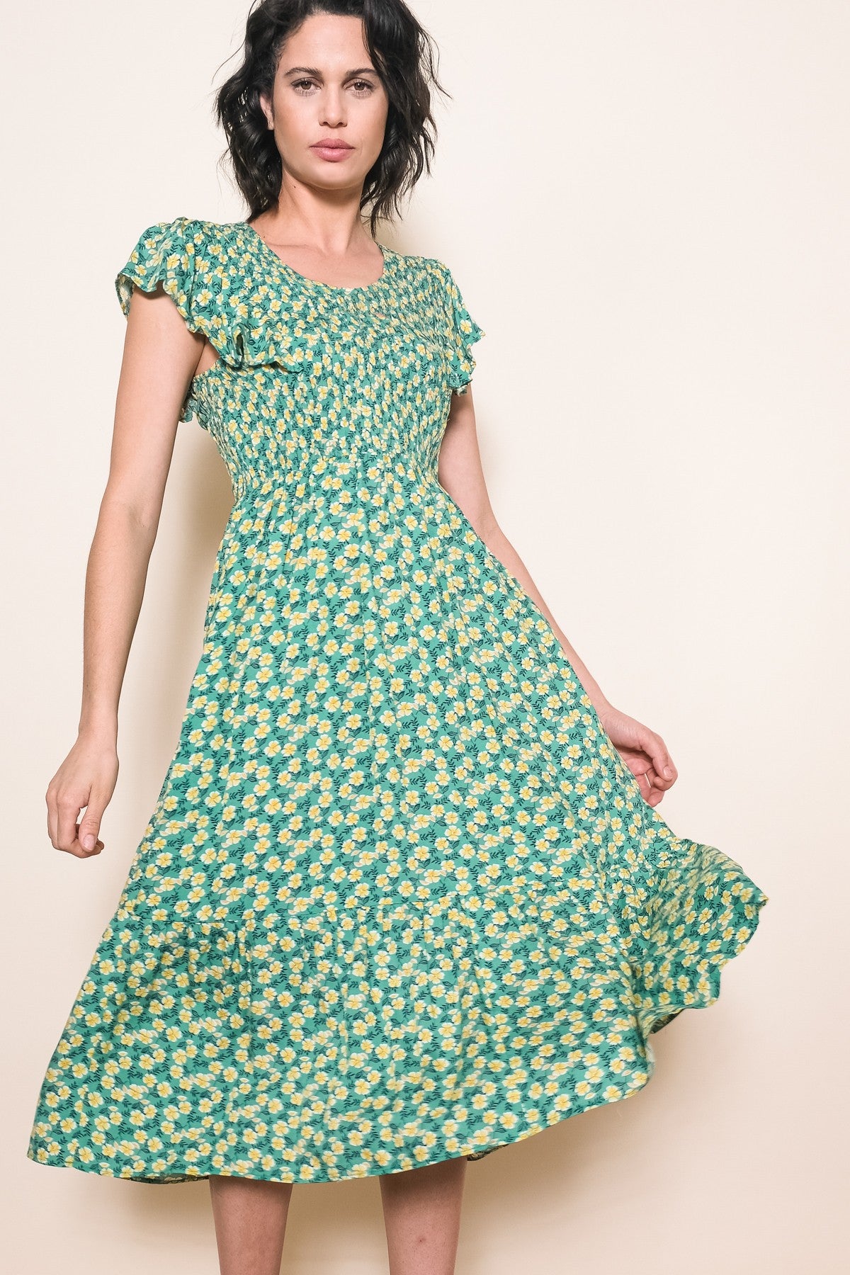 Green Floral Smocked Midi Dress PinkBlush Green Floral Smocked Midi Dress PinkBlush