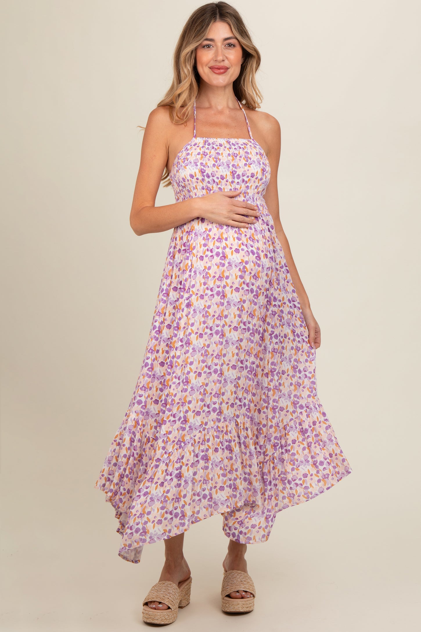 Lavender Floral Smocked Halter Flowy Maternity Maxi Dress PinkBlush Lavender Floral Smocked Halter Flowy Maternity Maxi Dress PinkBlush